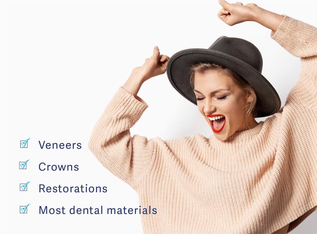 HaloSmile works on most dental materials including those with veneers, crowns, restorations, and tetracycline stains